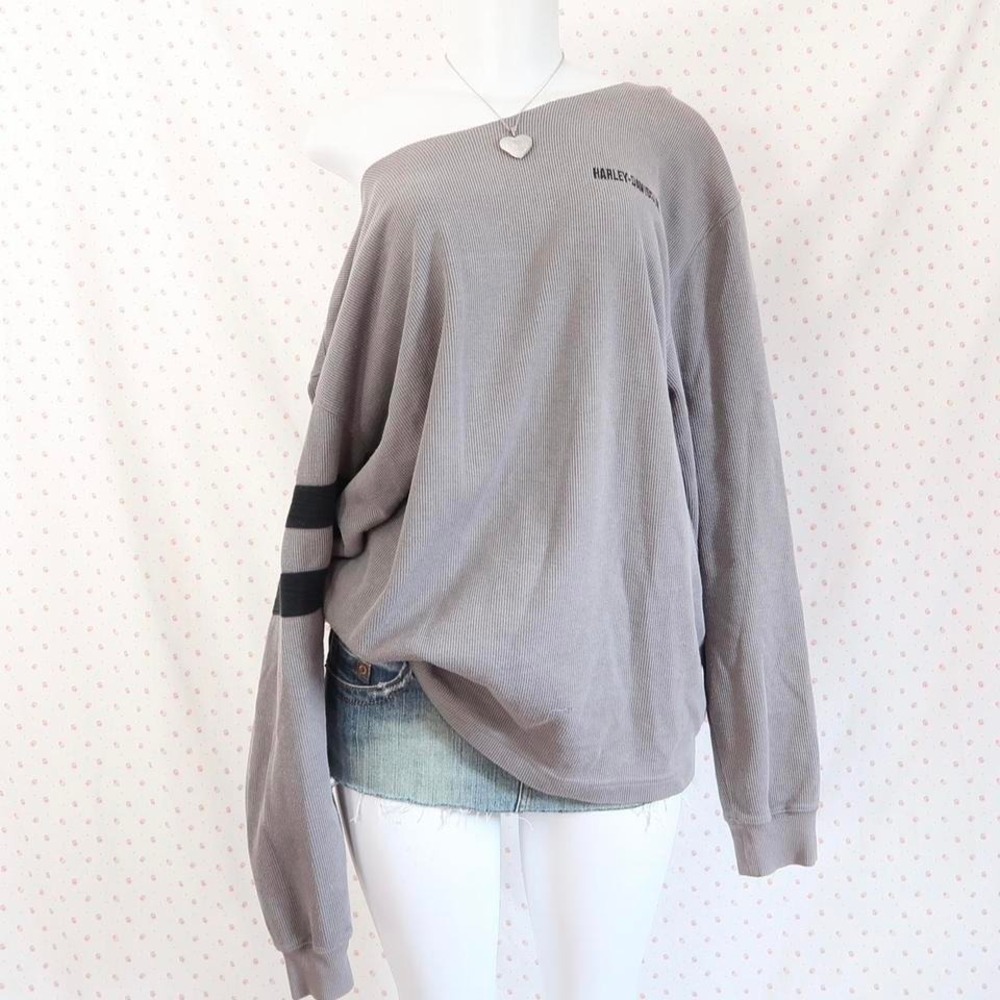 vintage harley davidson off shoulder thermal waffle knit biker core top